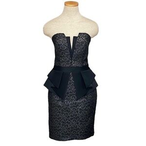 LIPSY London Dress NWT Cocktail Party Strapless Peplum Black Silver Lace Size 8